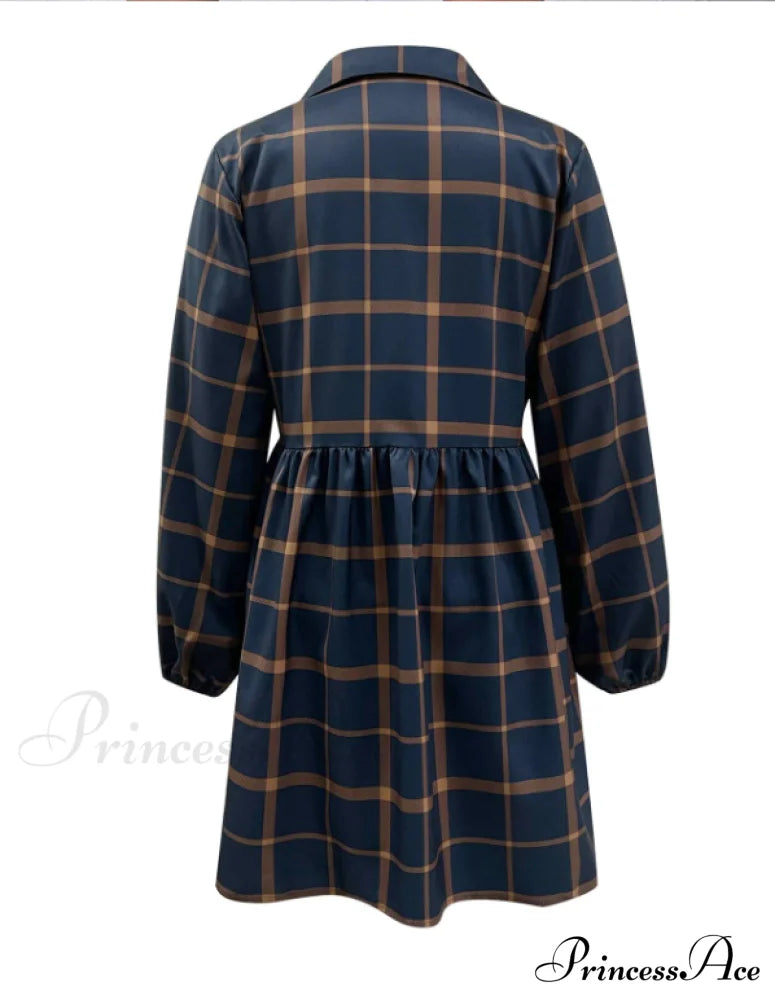 Navy V Neck Plaid Prints Buttons Casual Sweet Dress For Women Dresses