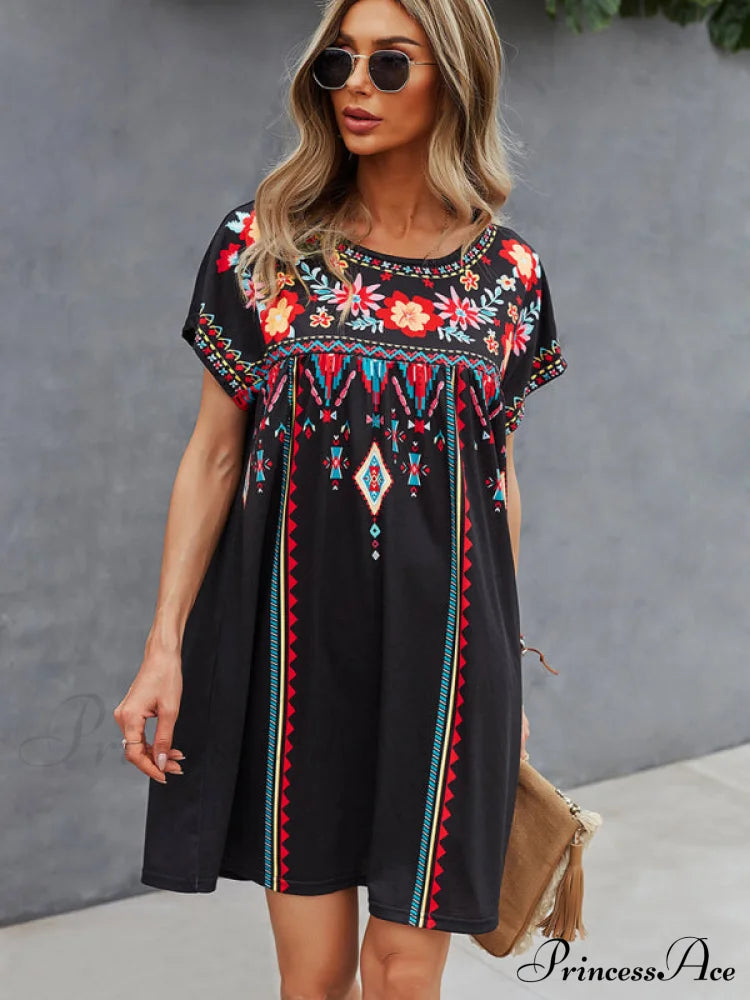 Neck Festive Knitted For Gown Short-Sleeved Round Casual Women Black / S Women’s Short Sleeve