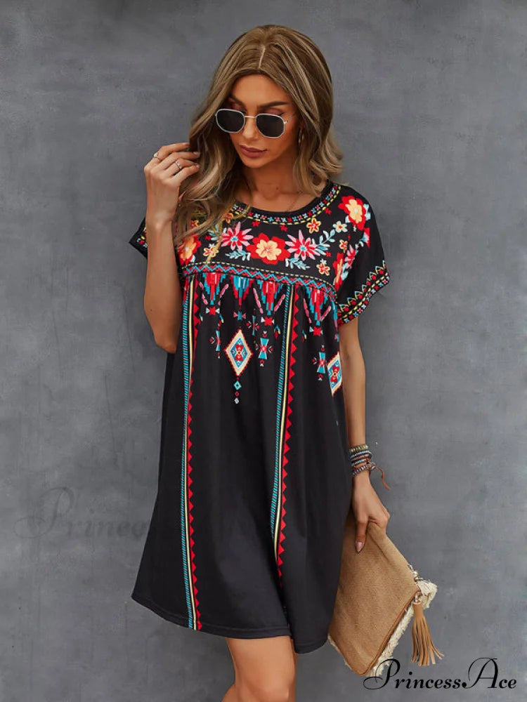 Neck Festive Knitted For Gown Short-Sleeved Round Casual Women Women’s Short Sleeve Mini Dress