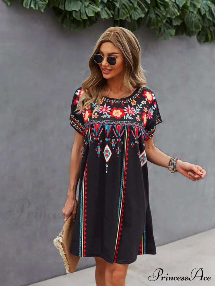 Neck Festive Knitted For Gown Short-Sleeved Round Casual Women Women’s Short Sleeve Mini Dress