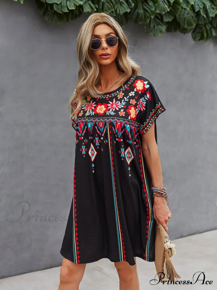 Neck Festive Knitted For Gown Short-Sleeved Round Casual Women Women’s Short Sleeve Mini Dress