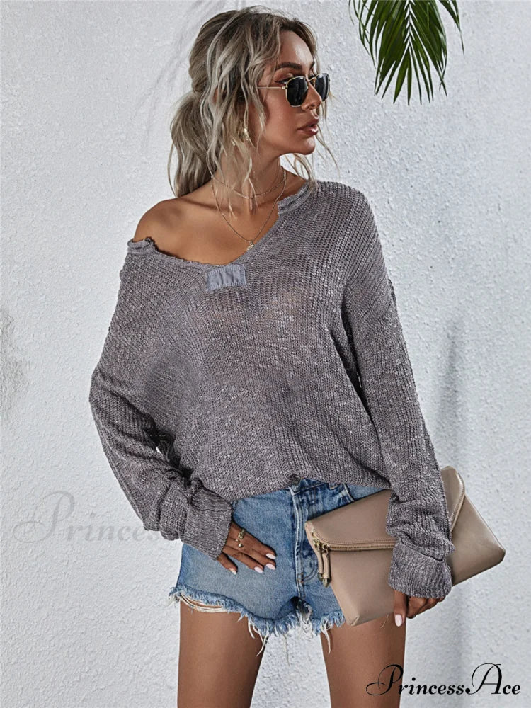 Notched Neck Slit Knit Top Heather Gray clothes J&Q long sleeve shirt long sleeve shirts long sleeve top long sleeve tops Ship From Overseas Shipping Delay 09/29/2023 - 10/04/2023 shirt shirts top tops