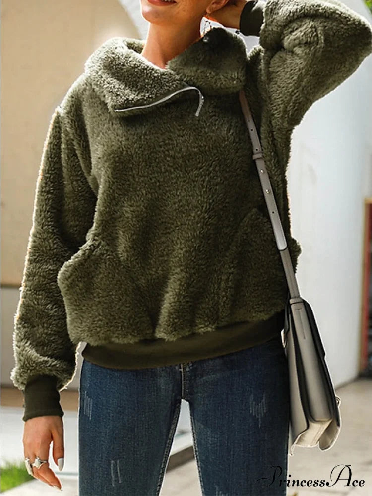 Neck Street Sweatshirt V - Women’s Fleece Pink Solid Arm Long Green Micro-Elastic Khaki Top Teddy