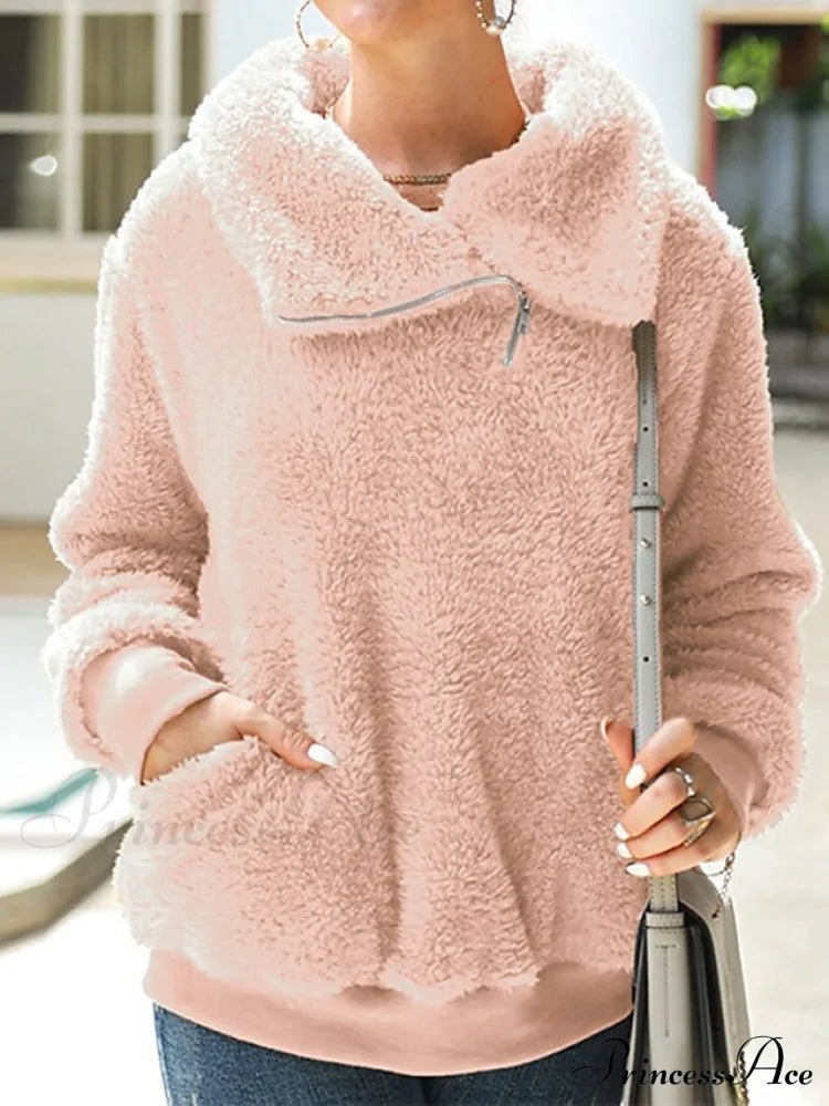 Neck Street Sweatshirt V - Women’s Fleece Pink Solid Arm Long Green Micro-Elastic Khaki Top Teddy