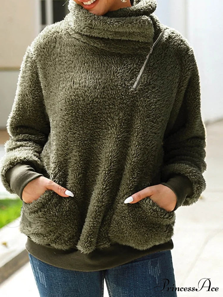 Neck Street Sweatshirt V - Women’s Fleece Pink Solid Arm Long Green Micro-Elastic Khaki Top Teddy