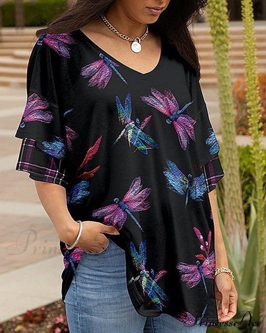Neck Stylish V Patterned Tee T-Shirts