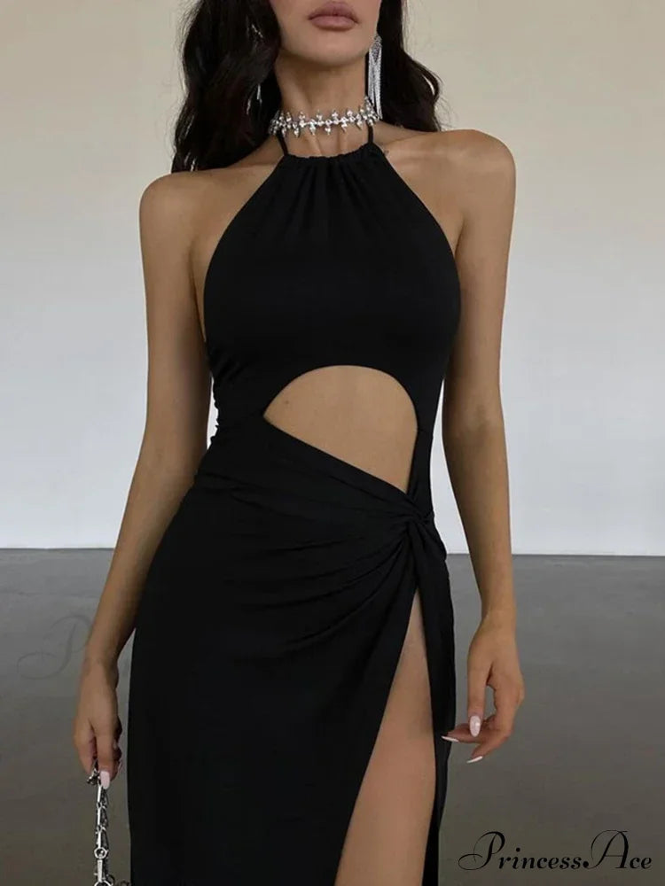 Neckline Back Split Knitted Maxi Dress