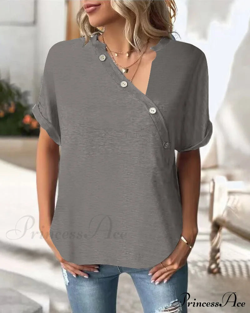 Solid Color Irregular Collar T-Shirt Gray 23BF clothes Short Sleeve Tops Spring Summer T-shirts Tops/Blouses