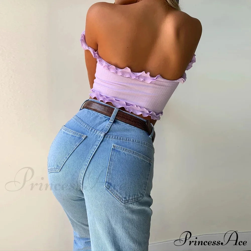 New 2024 Cute Purple Off Shouler Crop Ruffles T Shirttube For Women Summer Clothes Tank Top
