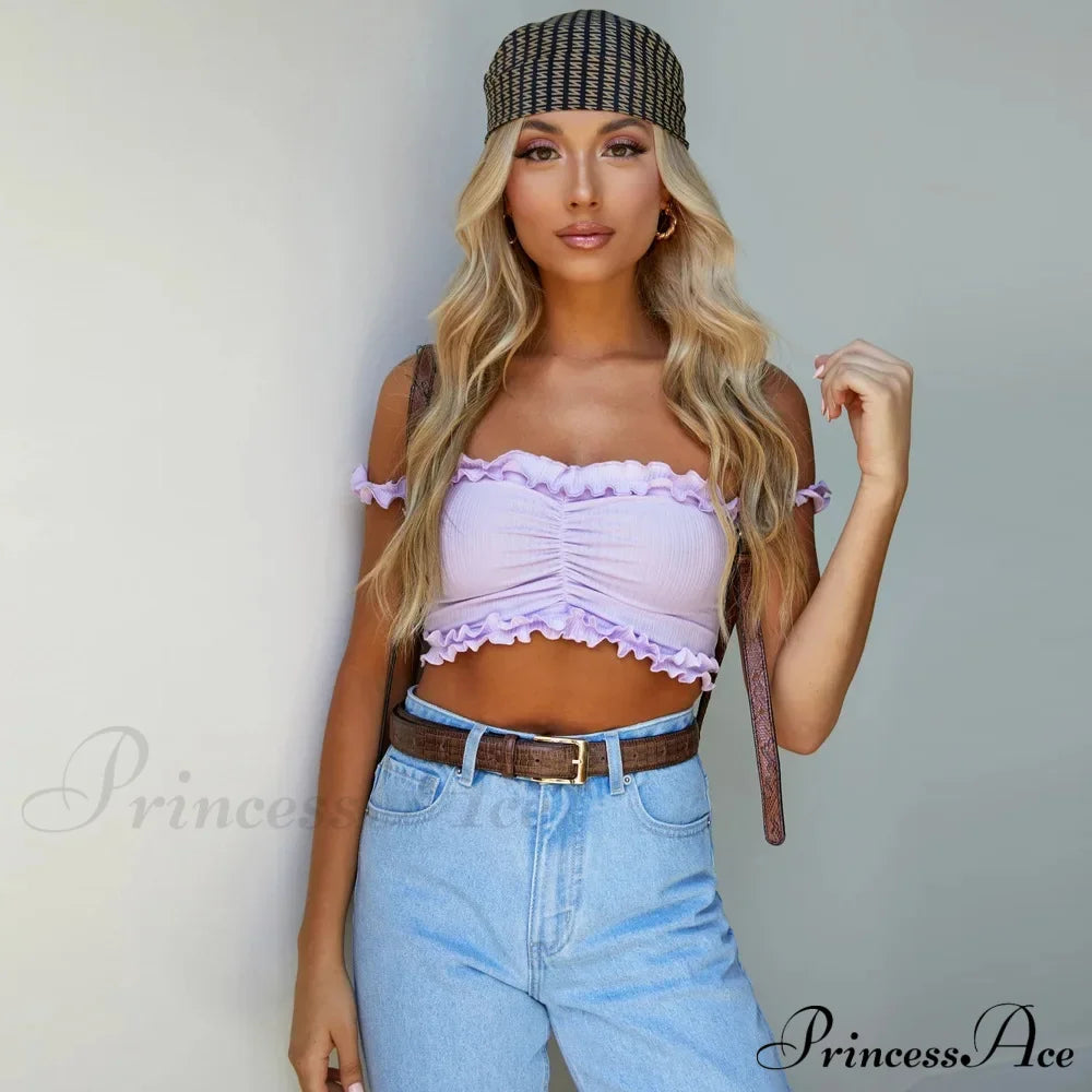 New 2024 Cute Purple Off Shouler Crop Ruffles T Shirttube For Women Summer Clothes Tank Top