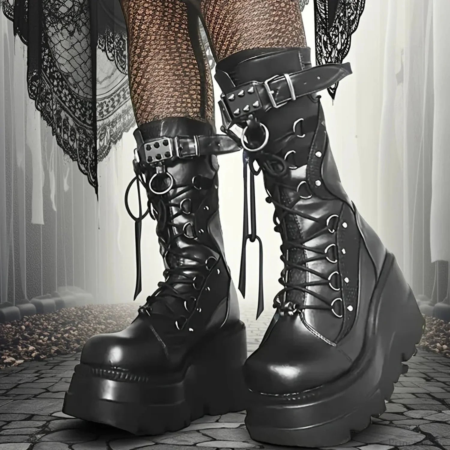 New Dark Platform Rivet Punk Wedge Boot