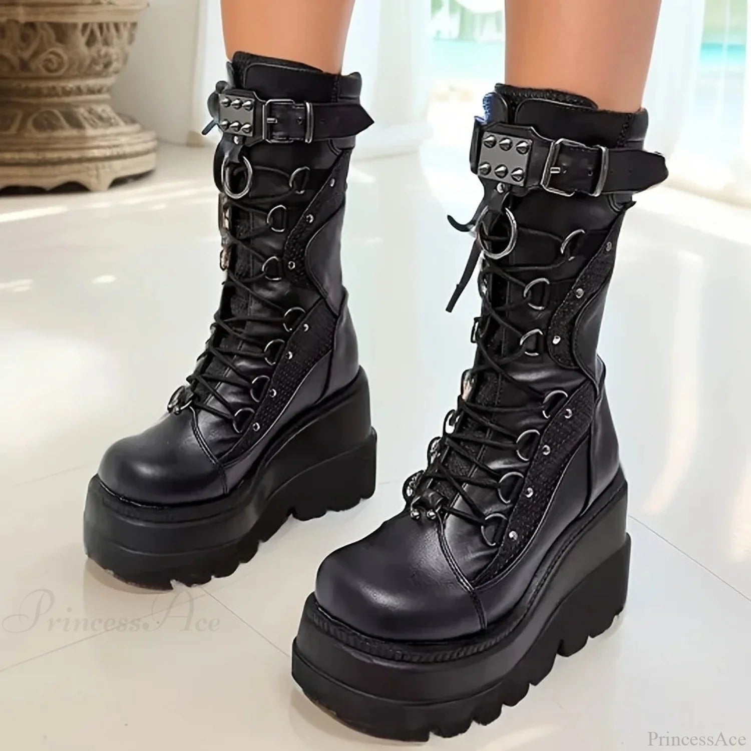 New Dark Platform Rivet Punk Wedge Boot