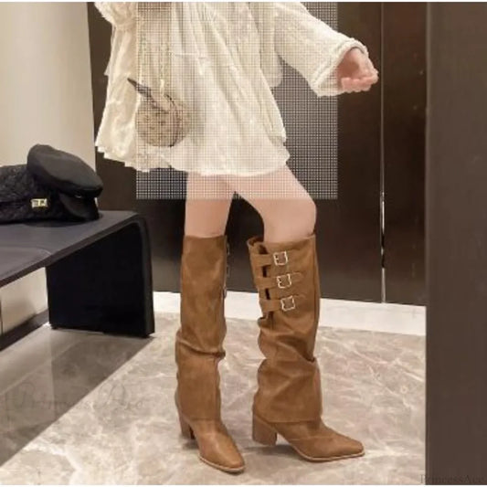 New Designer Autumn Cowboy Fashion Slip-on Long Knight Square High Heel Knee High Boot Brown / 35