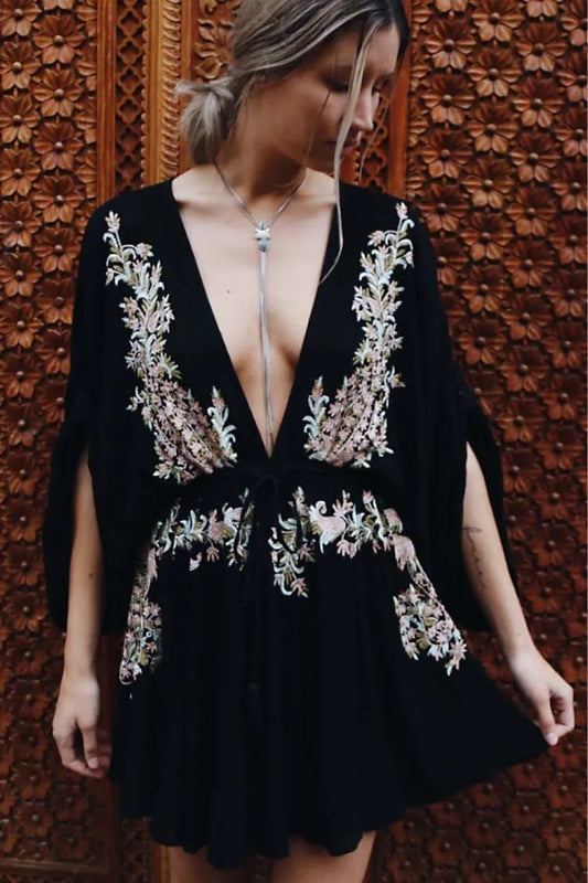 New Floral Embroidery Boho Dress Sexy Beach Dress Deep V-neck Mini Party bohodress-250126