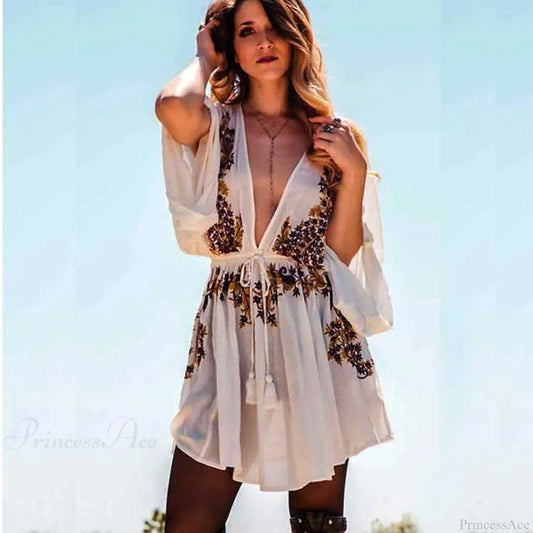 New Floral Embroidery Boho Dress Sexy Beach Dress Deep V-neck Mini Party bohodress-250126