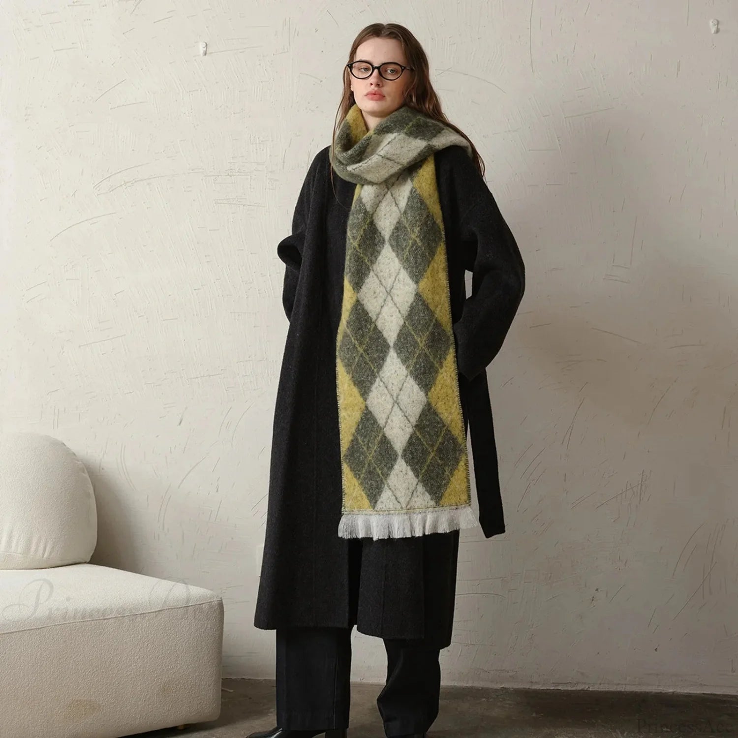 New Retro Argyle Jacquard Plaid Warm Neck Scarf For Autumn Winter 2024 Yellow Green / L210Cm W33Cm