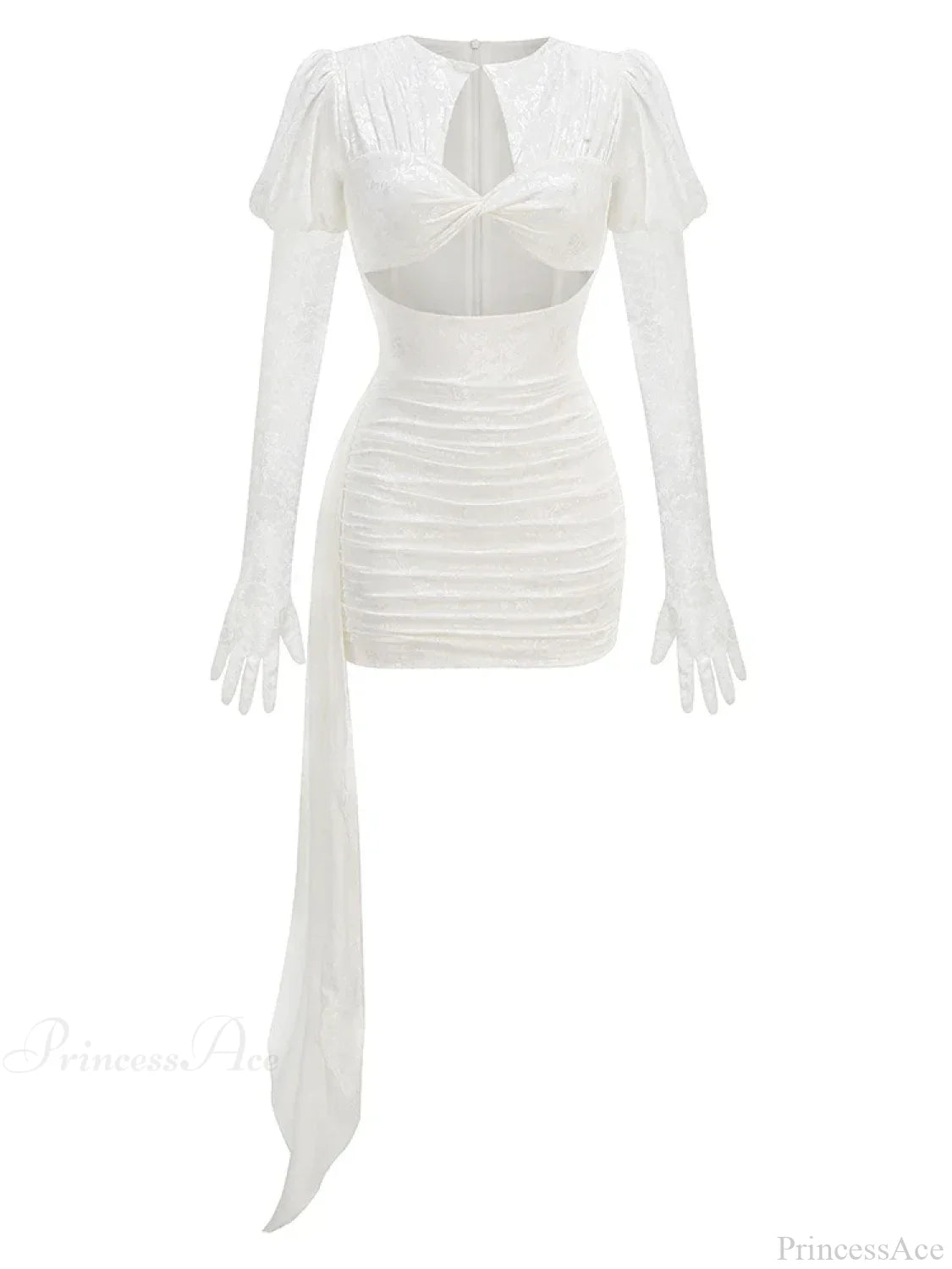 New Sexy Gloves Long Sleeves Cutout Pleated Draped Mini Christmas Party Dress White / S Dresses-L