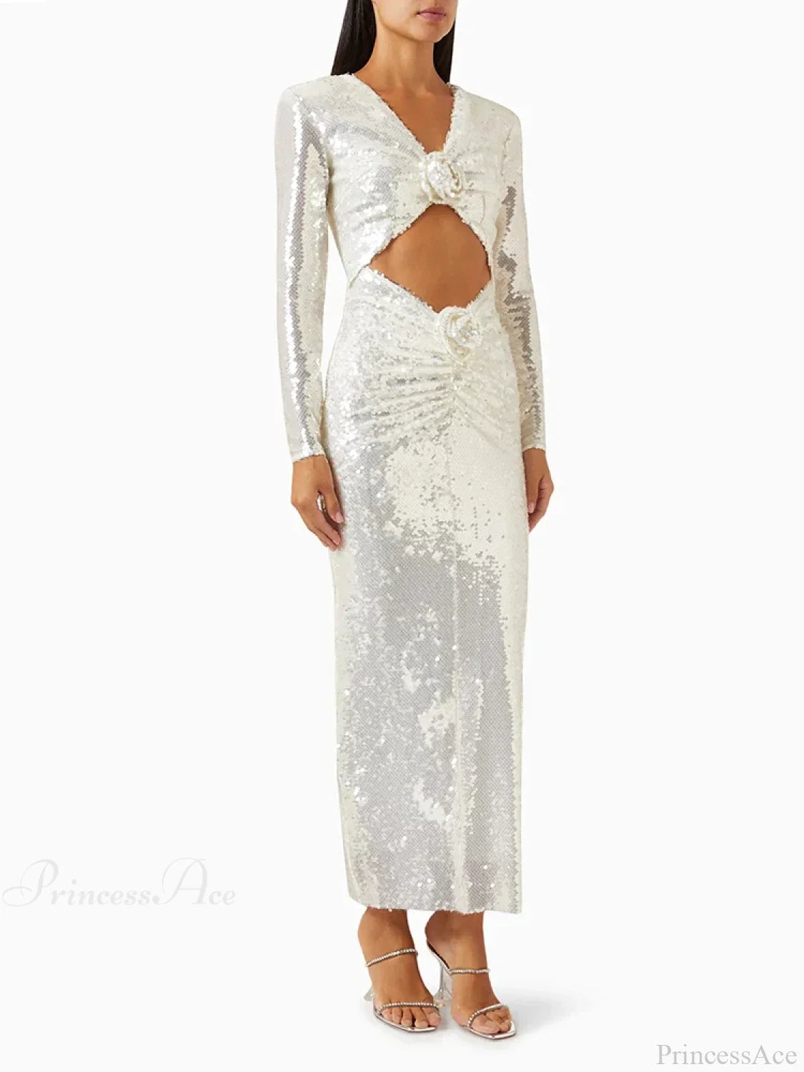 New Sexy Long Sleeves Luxury Sequins Slim Dress Hollow Flower Christmas Party Dresses-L