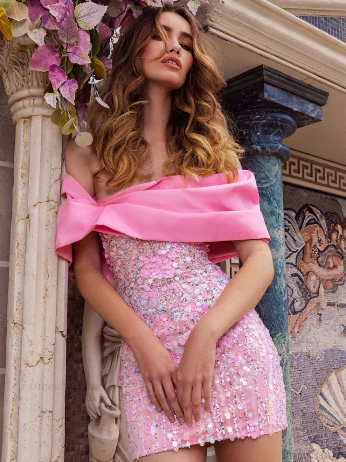 New Sexy Off Shoulder Sequins Pink Slash Neck Sparkly Elegant Christmas Party Dress Dresses-L