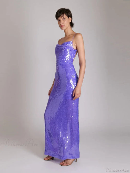 New Sexy Sleeveless Backless Lace-Up Slim Long Dress Bright Sequins Christmas Party Dresses-L