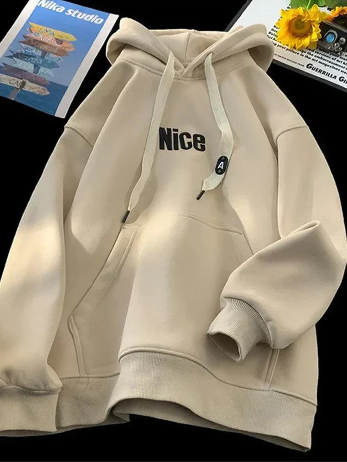 Nice Letter Print Cotton Fleece Hoodie apricot / M(40-45KG)