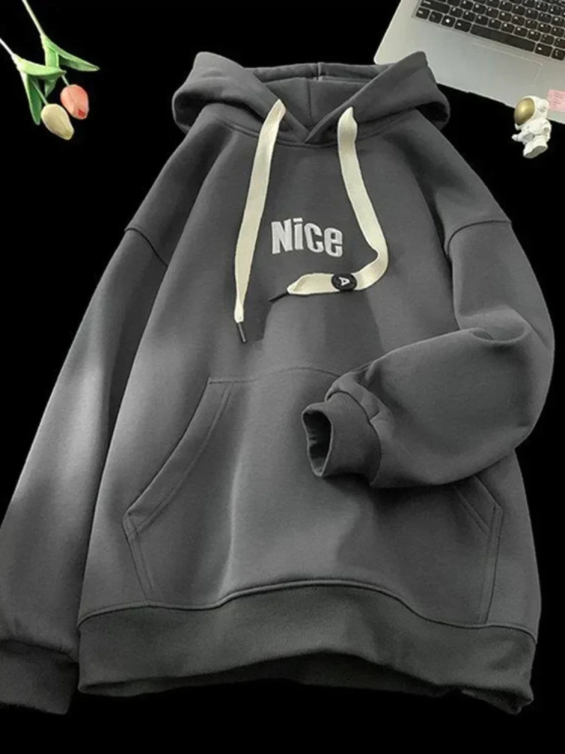 Nice Letter Print Cotton Fleece Hoodie Dark Grey / M(40-45KG)