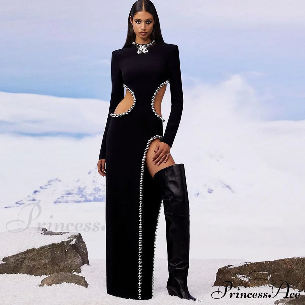 O Black Long Bodyband Sexy Beaded Women’s Cutout Gown Neck Party Celebrity Dress / Xs