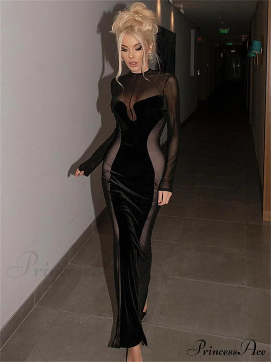 O Elegant Arm Dresses Fashion Full-Length Through Fall Party Gown Club Neck For Outfits Sexy - Long