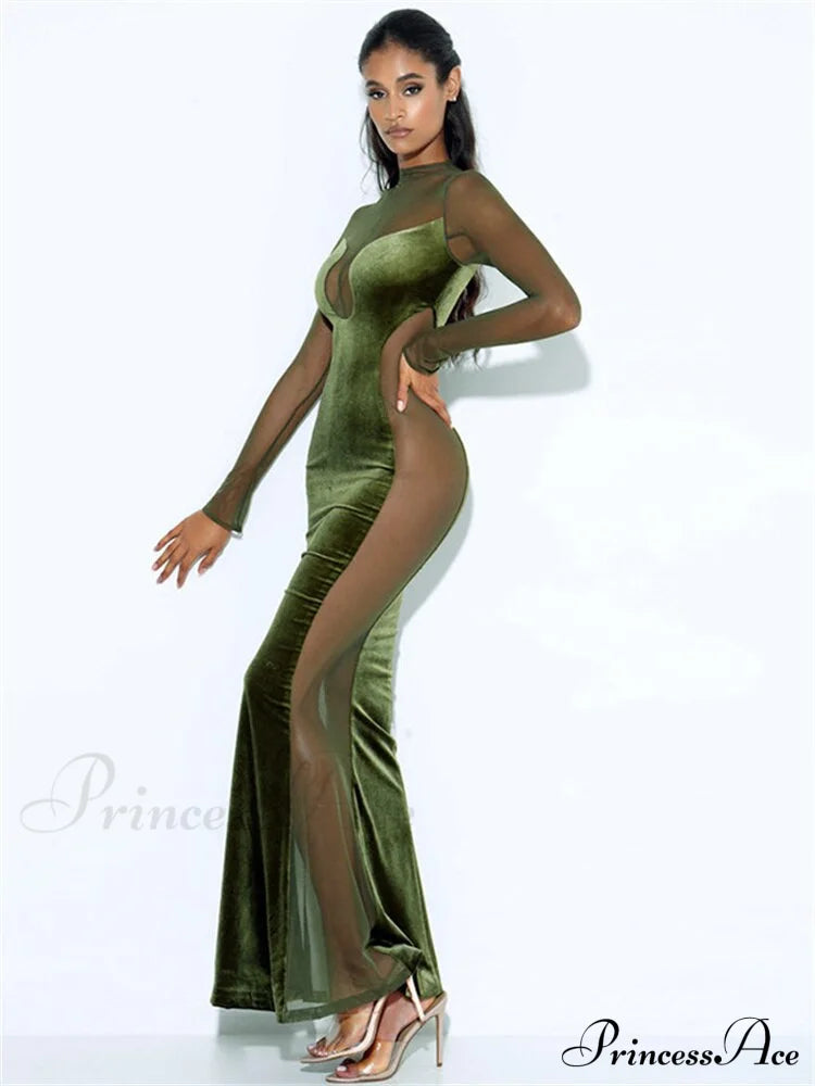 O Elegant Arm Dresses Fashion Full-Length Through Fall Party Gown Club Neck For Outfits Sexy - Long