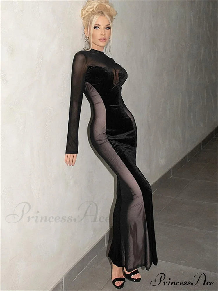 O Elegant Arm Dresses Fashion Full-Length Through Fall Party Gown Club Neck For Outfits Sexy - Long