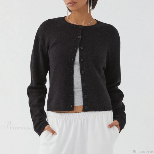 O-neck Cropped Button Knitted Cardigan black / S