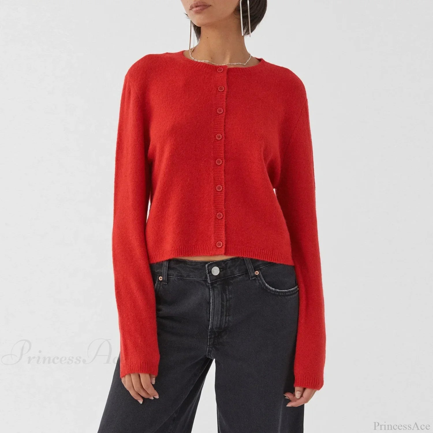 O-neck Cropped Button Knitted Cardigan red / S