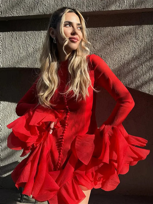 O-Neck Flare Sleeve Mini Dress minidress-250223