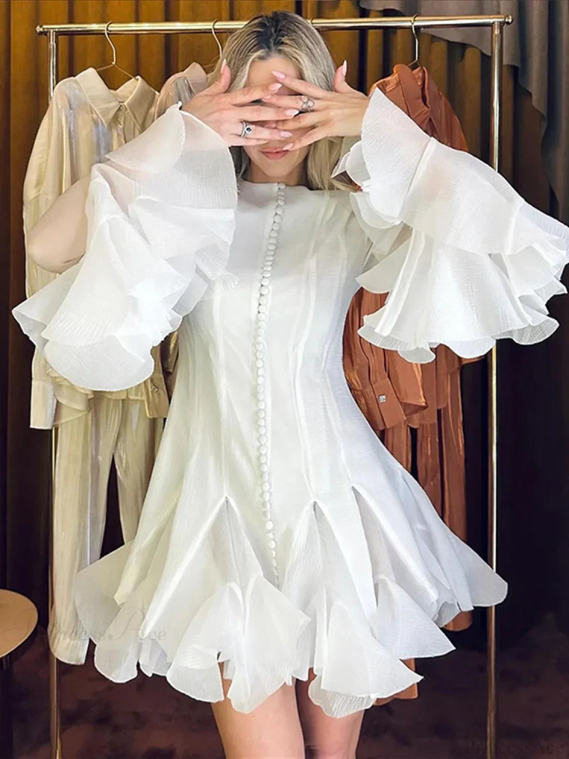 O-Neck Flare Sleeve Mini Dress White / S minidress-250223