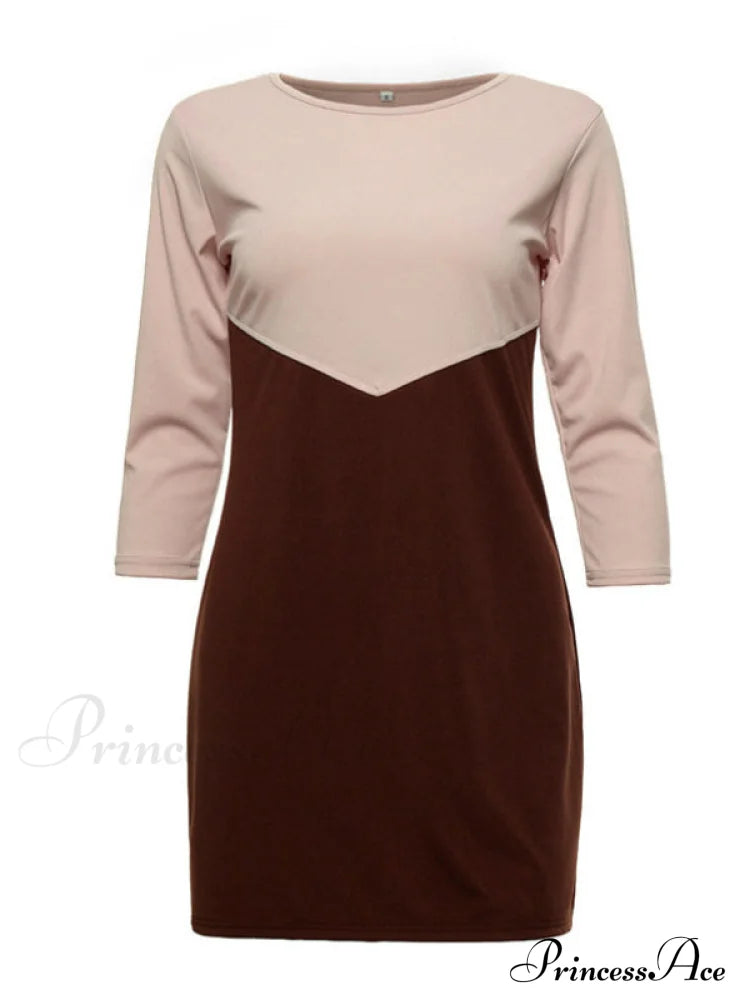 O-Neck Mini Dress With Three Quarter Sleeves S / Khaki Dresses