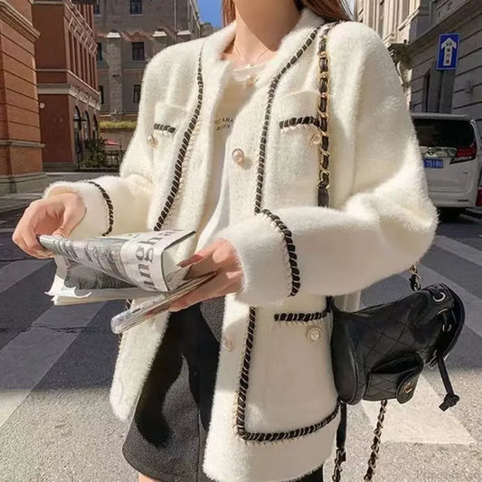 O-Neck Solid Color Office Knit Cardigan WHITE / M