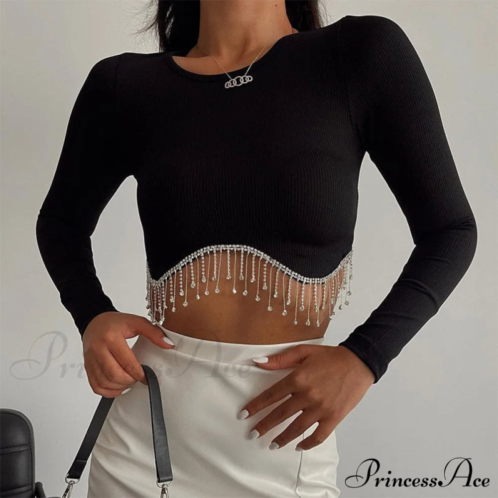 O-Neck - Streetwear Top Casual 2024 Rhinestone Spring Long Women’s Arm Tassel Crop Hem T-Shirt 02