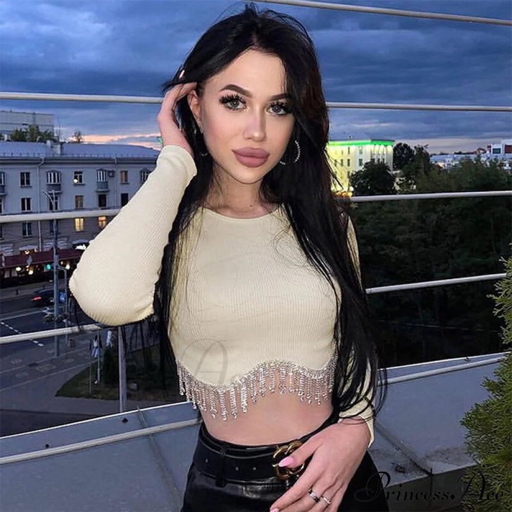 O-Neck - Streetwear Top Casual 2024 Rhinestone Spring Long Women’s Arm Tassel Crop Hem T-Shirt 04