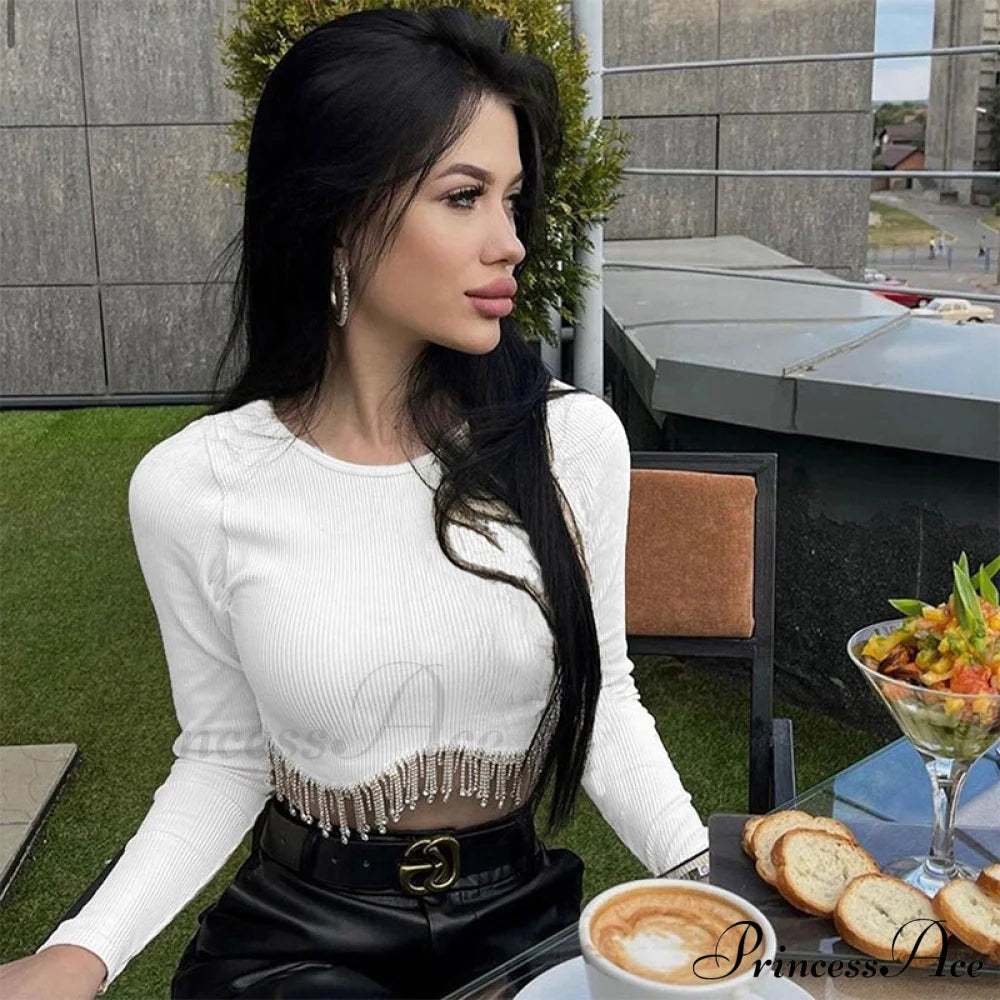 O-Neck - Streetwear Top Casual 2024 Rhinestone Spring Long Women’s Arm Tassel Crop Hem T-Shirt 04