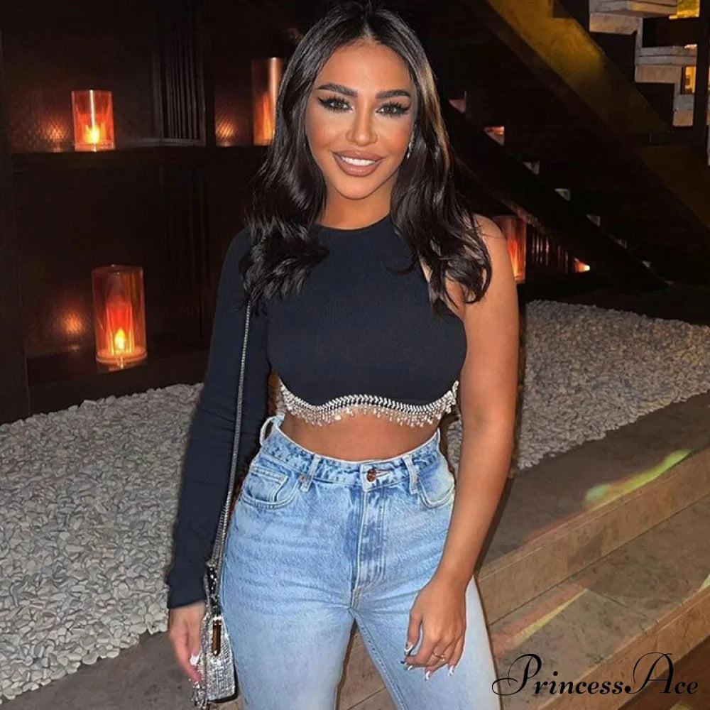 O-Neck - Streetwear Top Casual 2024 Rhinestone Spring Long Women’s Arm Tassel Crop Hem T-Shirt 05