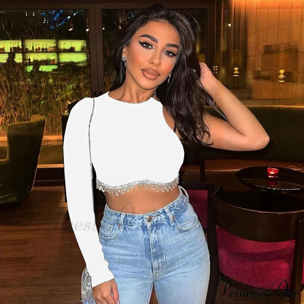 O-Neck - Streetwear Top Casual 2024 Rhinestone Spring Long Women’s Arm Tassel Crop Hem T-Shirt 05