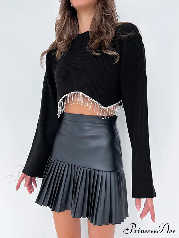 O-Neck - Streetwear Top Casual 2024 Rhinestone Spring Long Women’s Arm Tassel Crop Hem T-Shirt