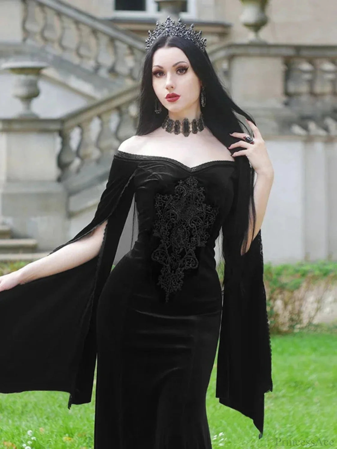 Obscure Velvet Needlework Off-Shoulder Full-Length Dress