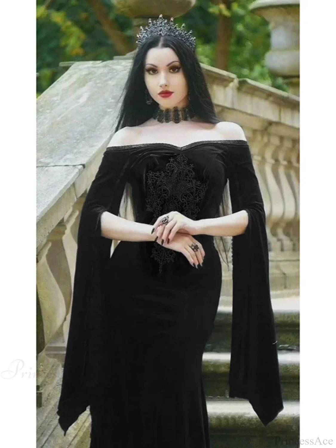 Obscure Velvet Needlework Off-Shoulder Full-Length Dress