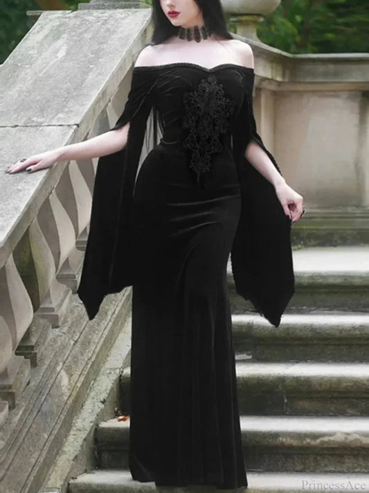 Obscure Velvet Needlework Off-Shoulder Full-Length Dress Black / S