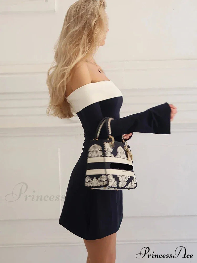 Off-Shoulder Colourblock Long Charming Sleeve Mini Dress Patchwork