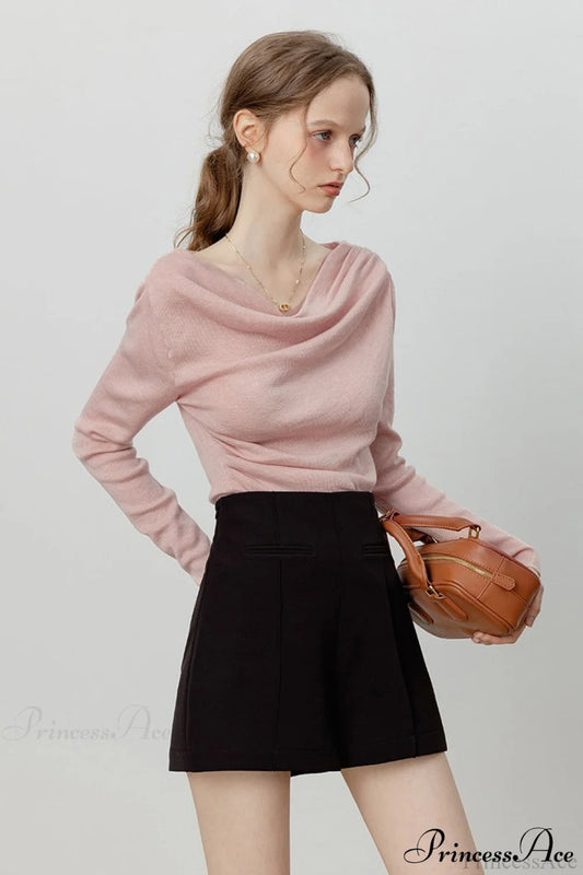 Off-Shoulder Draped Collar Waist-Cinched Knit Top
