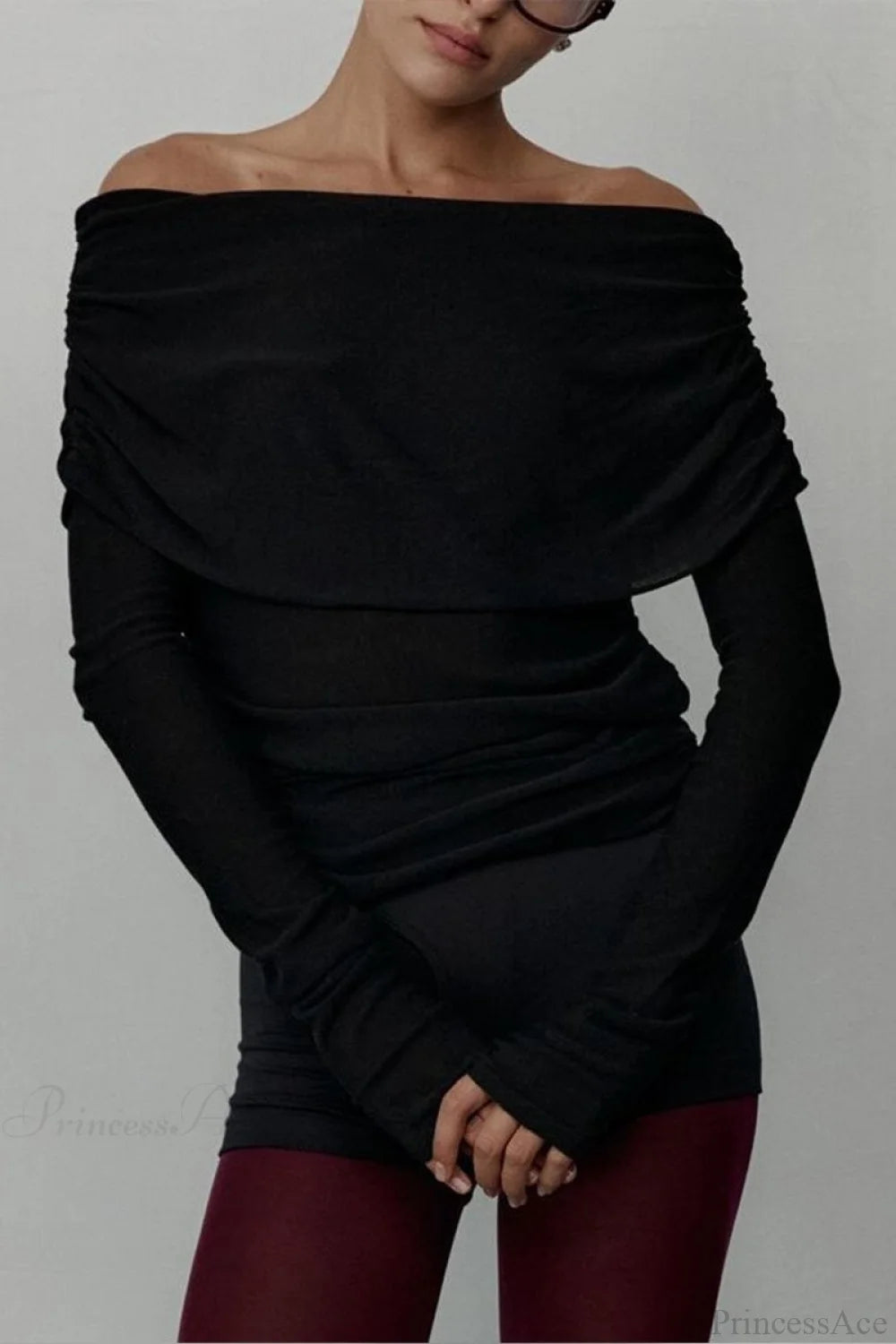 Off-Shoulder Fitted Long-Sleeve Knit Top Black / S