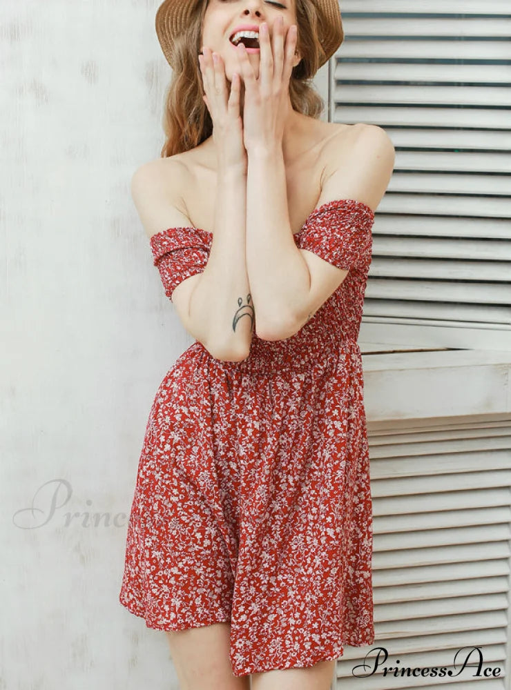 Off Shoulder Floral Mini Beach Dress S / Blue Dresses