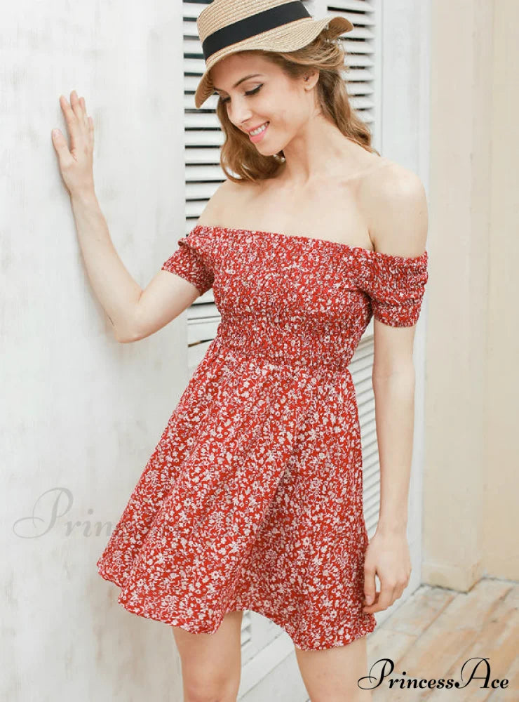 Off Shoulder Floral Mini Beach Dress S / Red Dresses